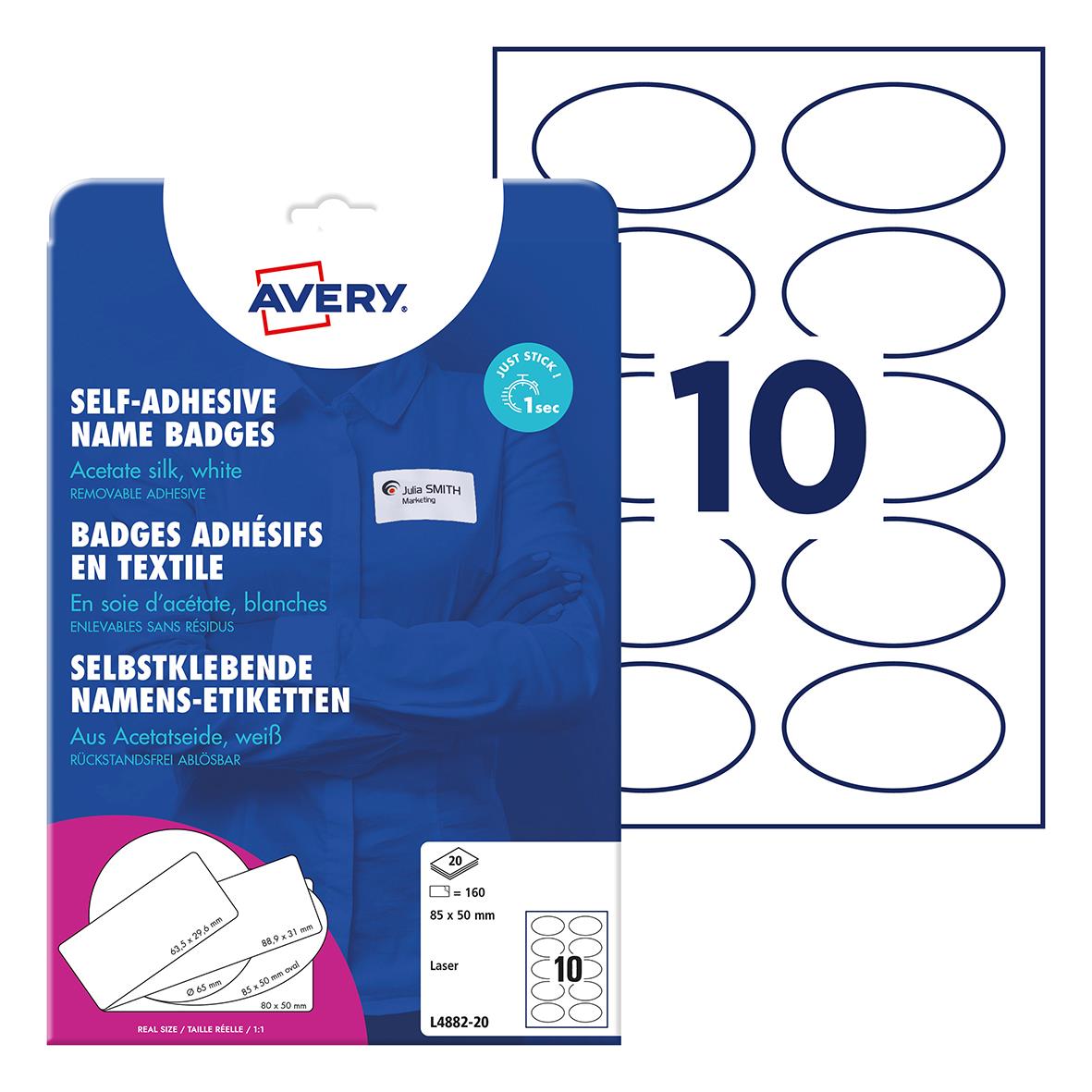 Vit oval namnskylt avtagbar Avery PVC-sidenmaterial 85x50mm, 10-pack