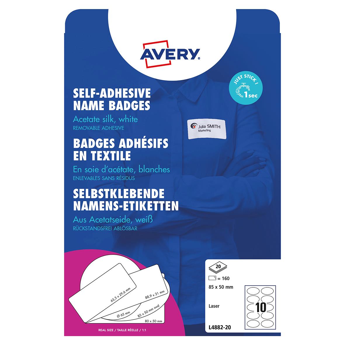 Namnskyltar Avery PVC-fritt sidenmaterial, vit oval, 85x50mm, självhäftande, avtagbara