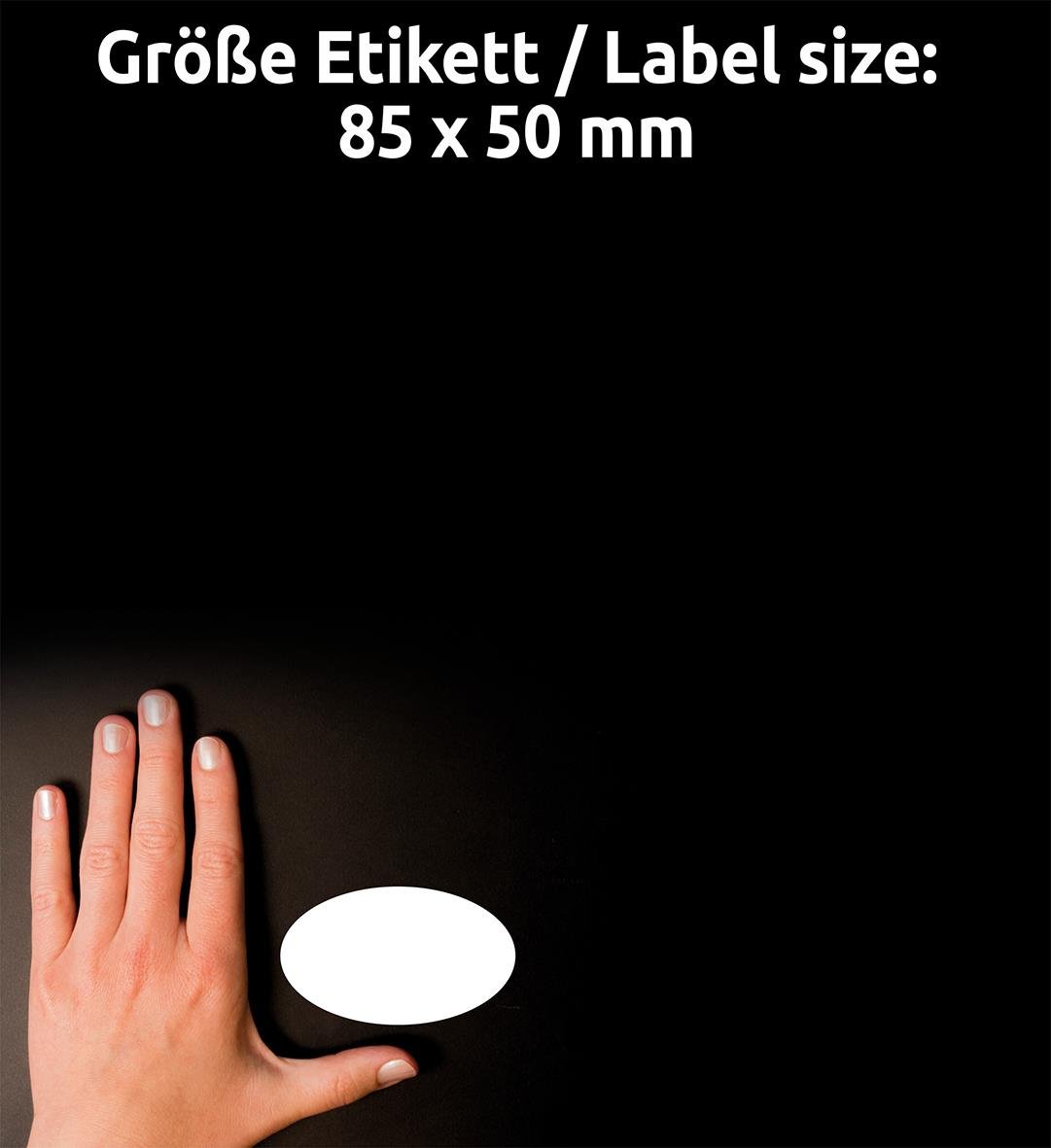 Vit oval namnskylt av PVC-material med storlek 85x50mm, avtagbar, på svart bakgrund