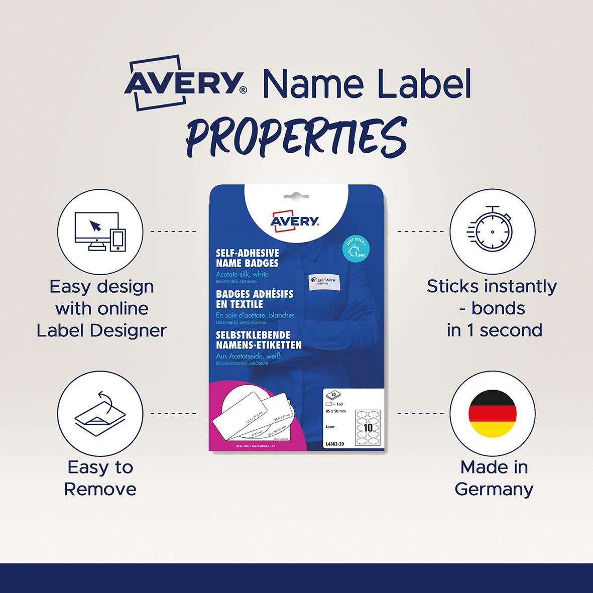 Vit oval namnskylt av PVC-material med Avery logo och egenskaper som lätt design, snabb häftning, enkel att ta bort och tillverkad i Tyskland