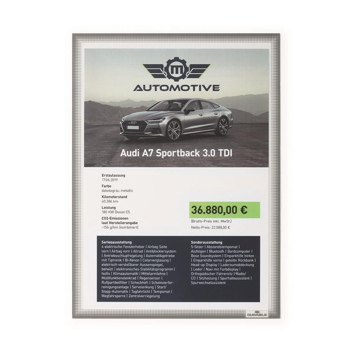 Informationficka för bil, grå, A4, Durable Statisk 5014-57, visande en Audi A7 Sportback 3.0 TDI och pris 36.880,00 €