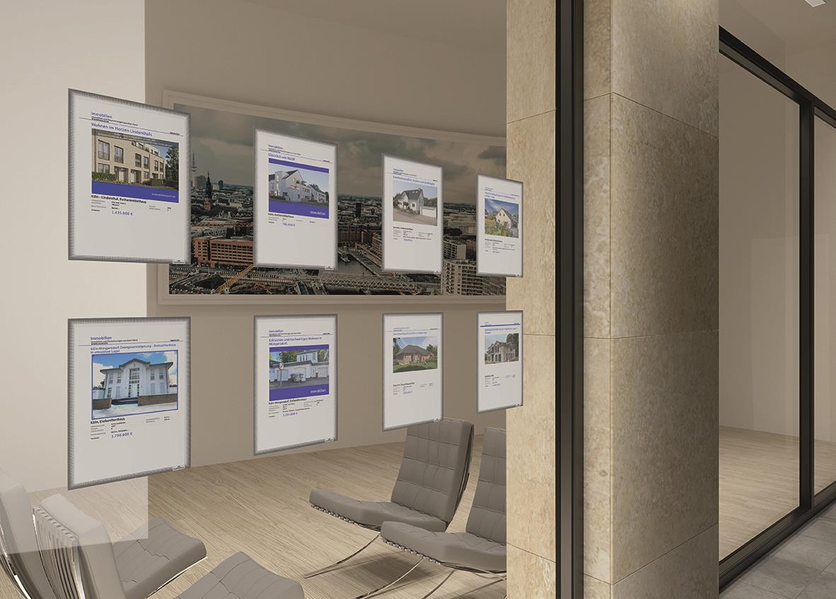 Informationsficka med åtta dokument, grå, A4, monterad på vägg i kontorsmiljö