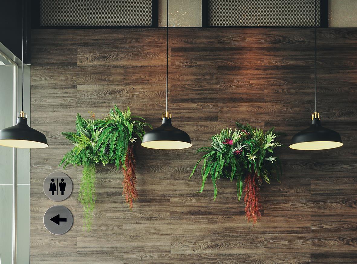 Dörrskylt Securit med olika budskap i rostfritt stål, monterad på vägg med växtdekorationer och taklampor