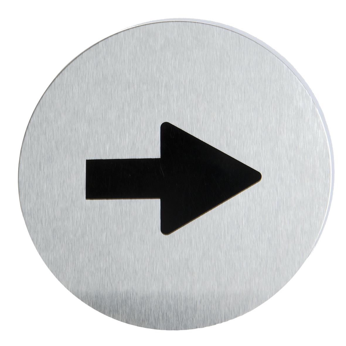 Rund dörrskylt i rostfritt stål med svart pil som pekar åt höger