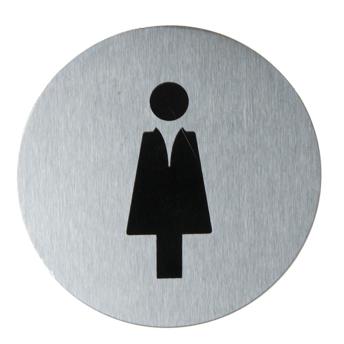 Rostfri dörrskylt med kvinnlig figur och olika budskap