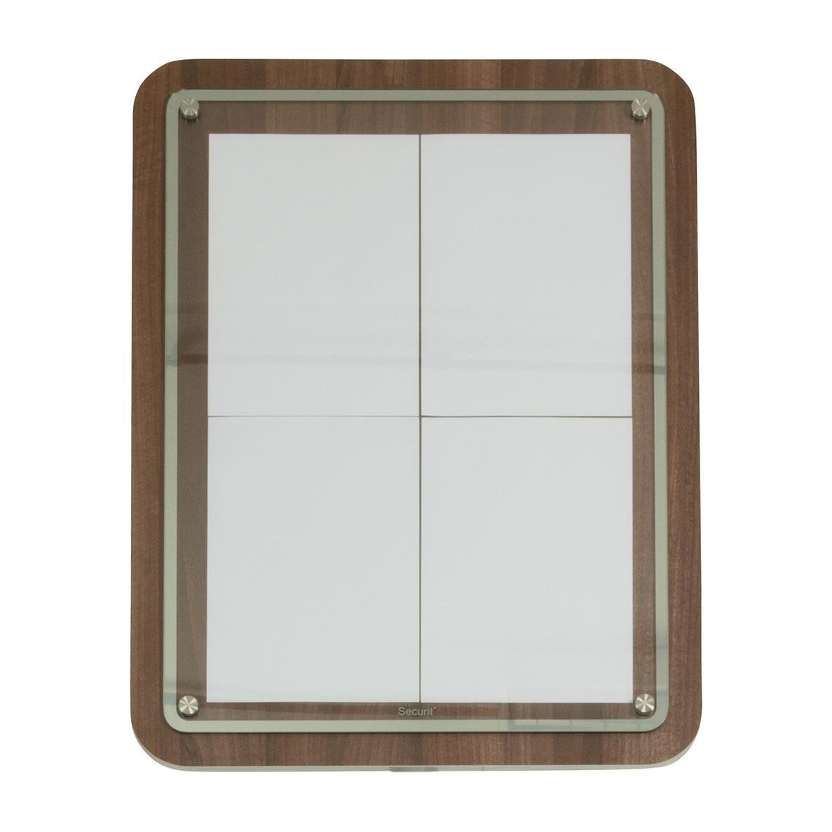 Display till informationsställ med LED, visar 4 A4-sidor, valnöt, säkerhetsram