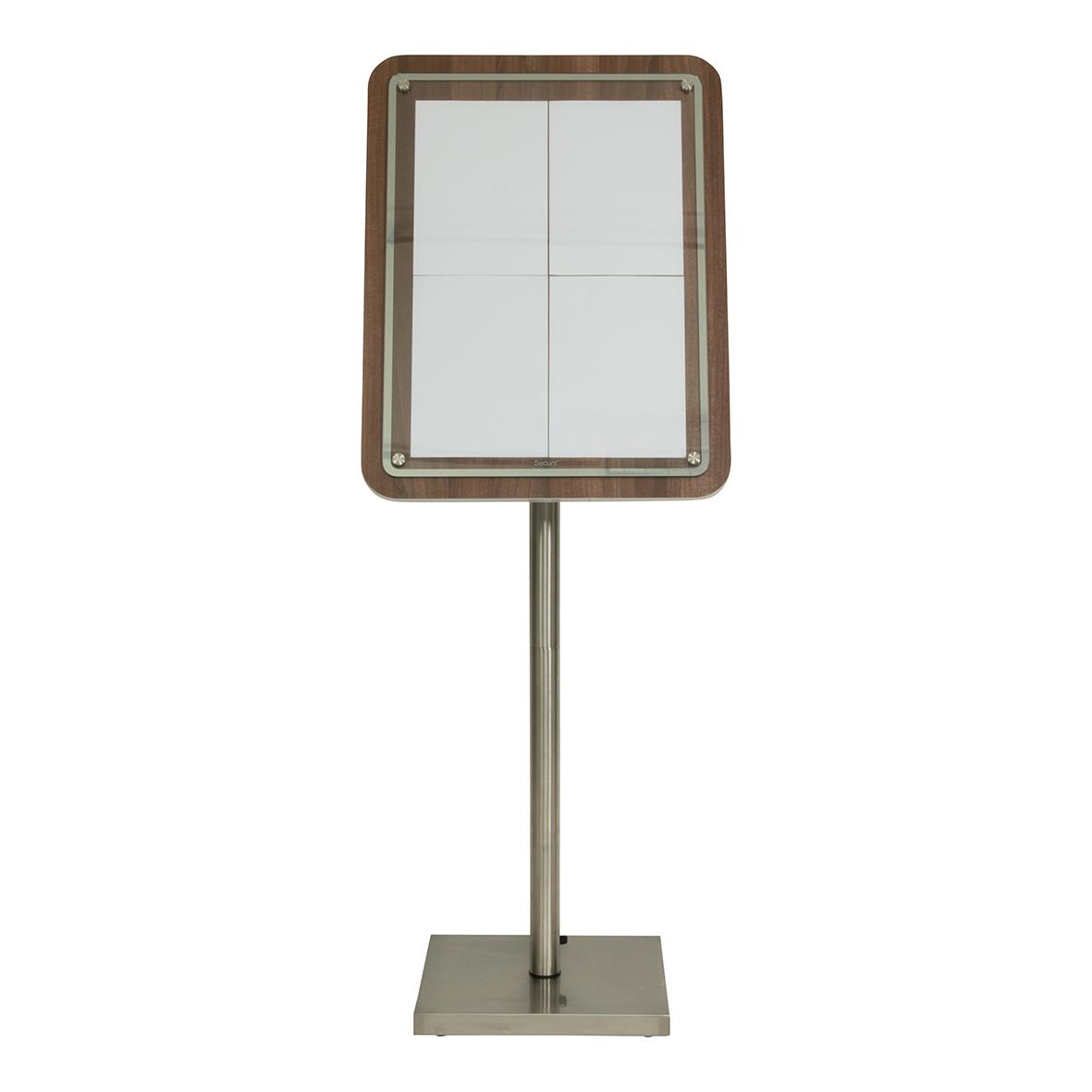 Display till informationsställ med LED, visar 4 A4-sidor, valnöt, på stång med bas