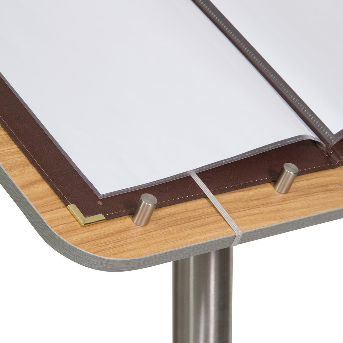 Menyställ med securit teckning i rostfritt stål och teak, visar hörn och lås