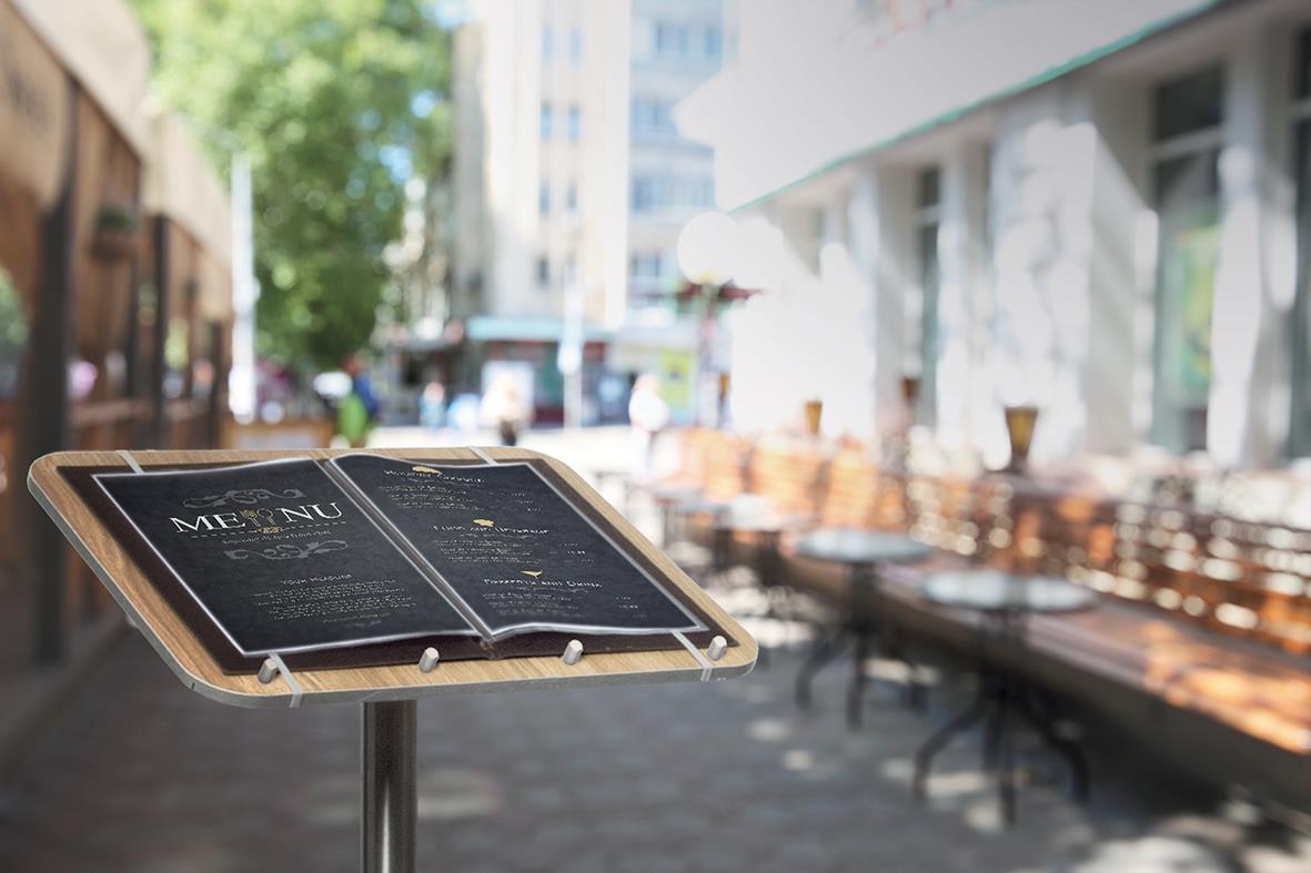 Menyställ med Securit teak och rostfritt stål utomhusmiljö