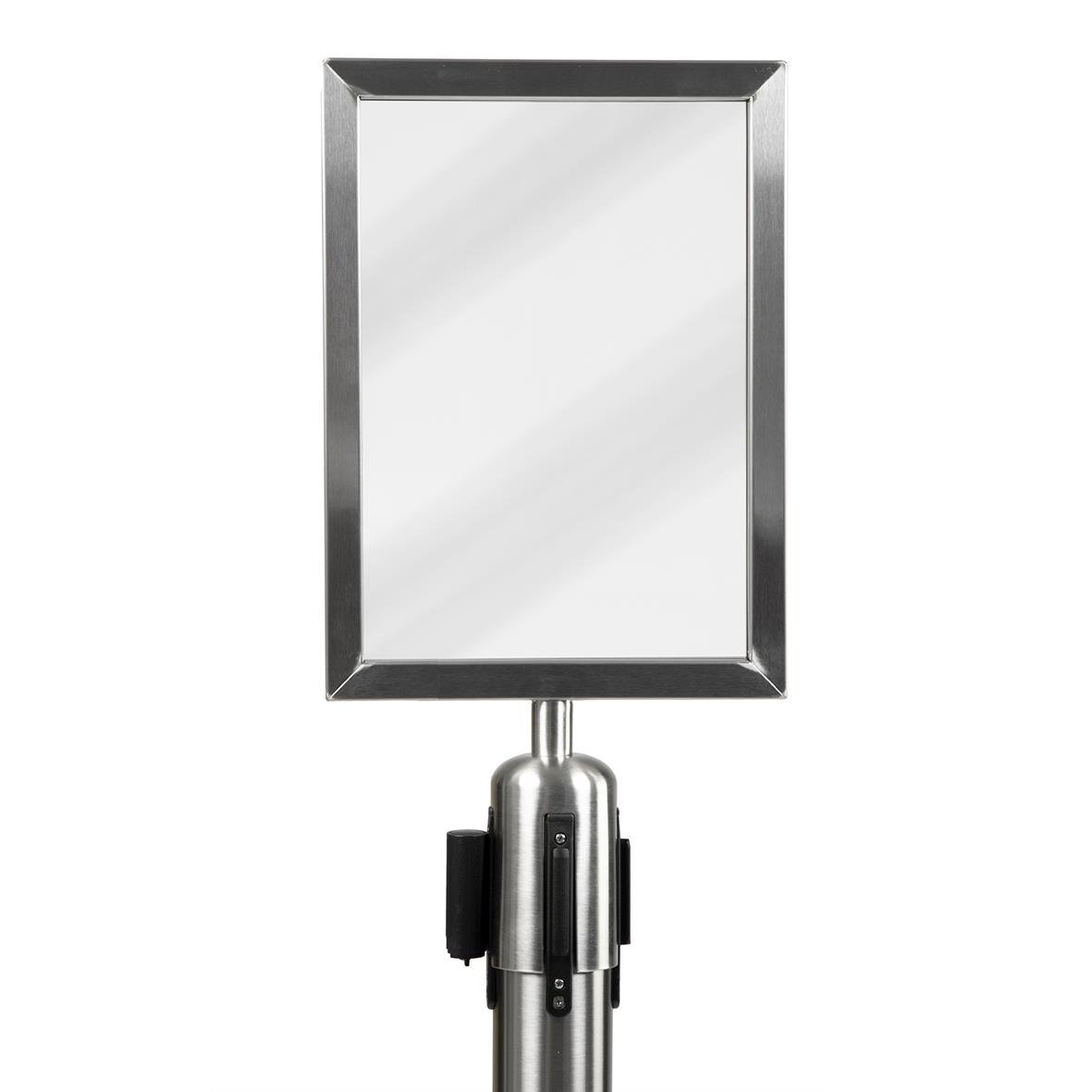 Rostfri avspärrningsskylt i A4-storlek med spegelram och ställning