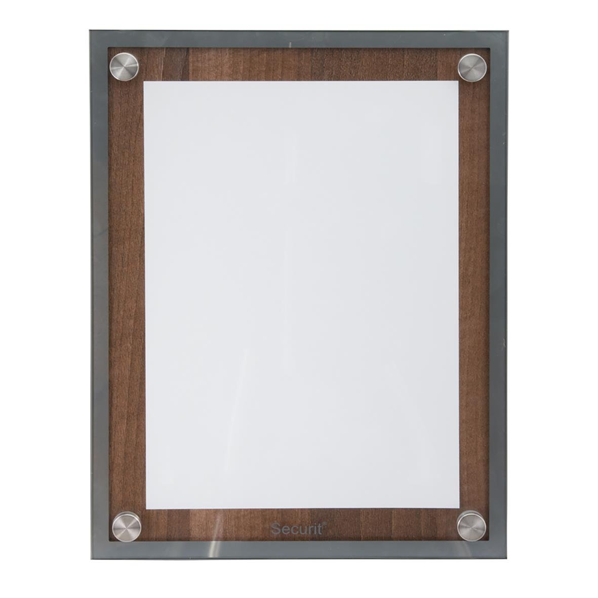 Informationsställ med LED-display i valnöt och metallram, visar A4-papper