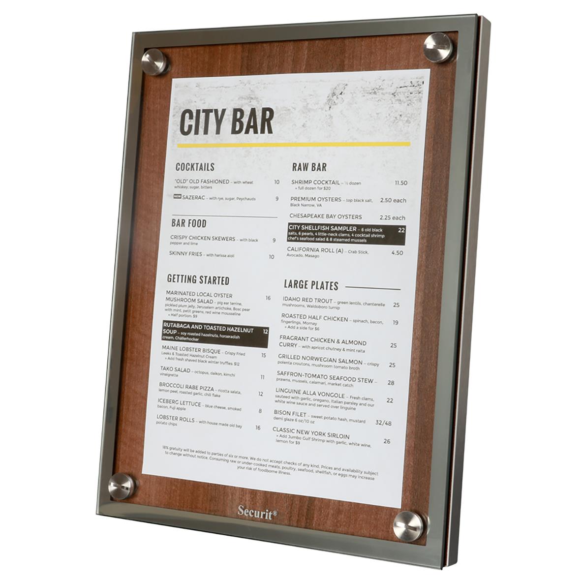 LED informationsställ med trädetalj och metallram som visar meny för en bar