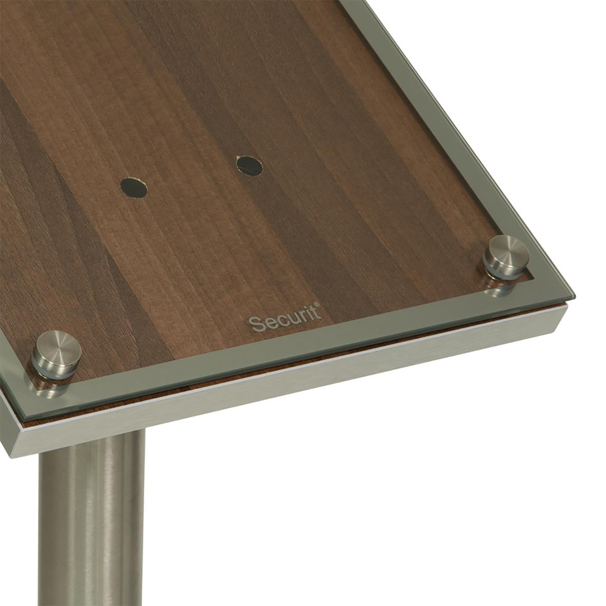 Display till informationsställ med LED, säkerhet, visar A4, valnöt, glas och metallram