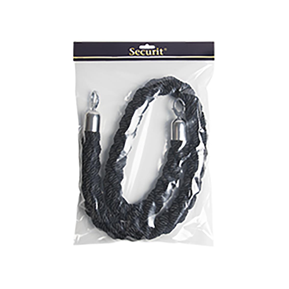 Svart flätat avspärrningsrep i rostfritt stål, 150 cm långt i plastpåse