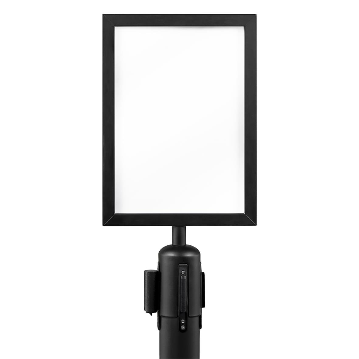 Svart avspärrningsskylt för säkerhetssystem, A4 storlek, monterad på stolpe