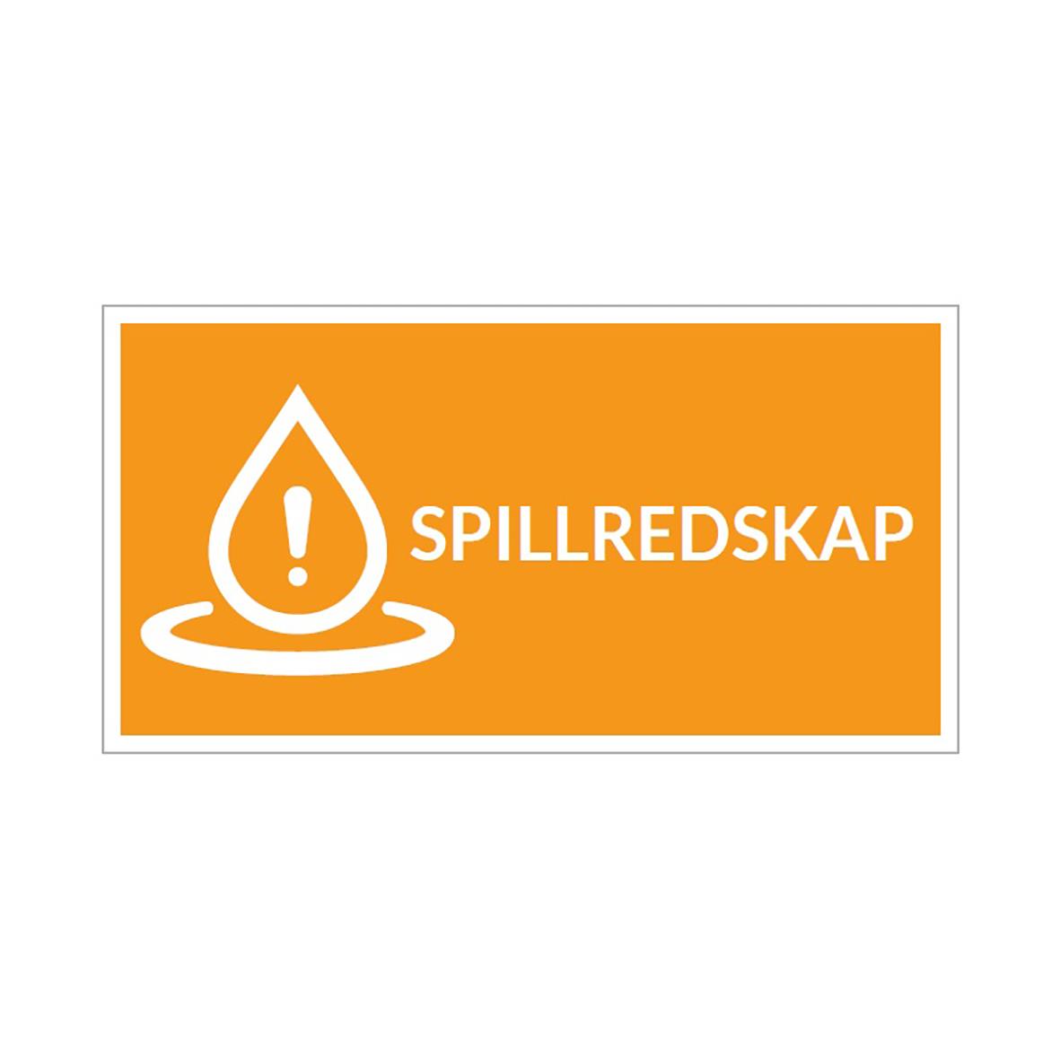 Orange skylt med dropplik och texten SPILLREDSKAP