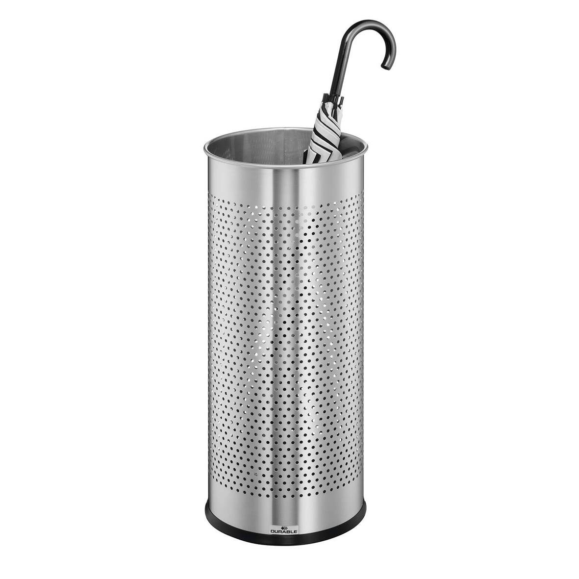 Rostfritt paraplyställ i silver med perforerad design och svart botten, Ø260x620mm