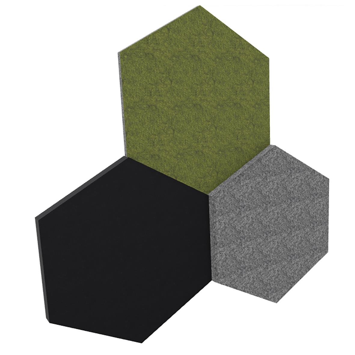 Ljudabsorberande Honey 3-pack i grönt, svart och grått hexagonformat material