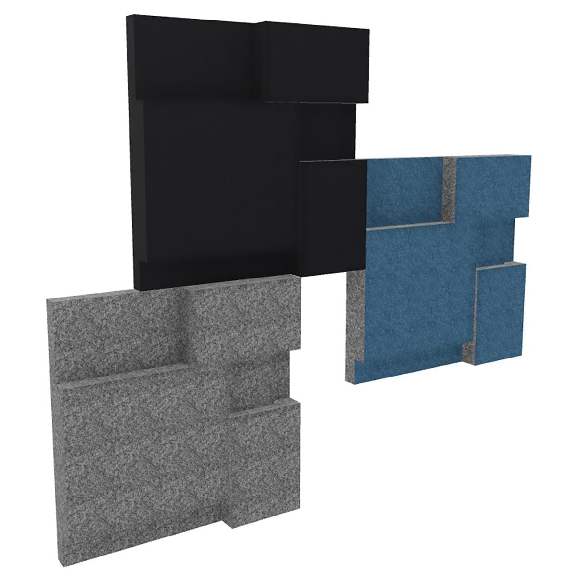 Tre ljudabsorberande paneler i svart, blå och grå för ljuddämpning