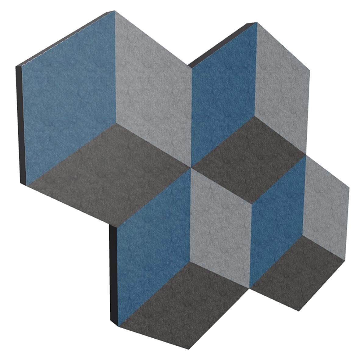 Ljudabsorberande kubformad väggpanel i blå och grå nyanser