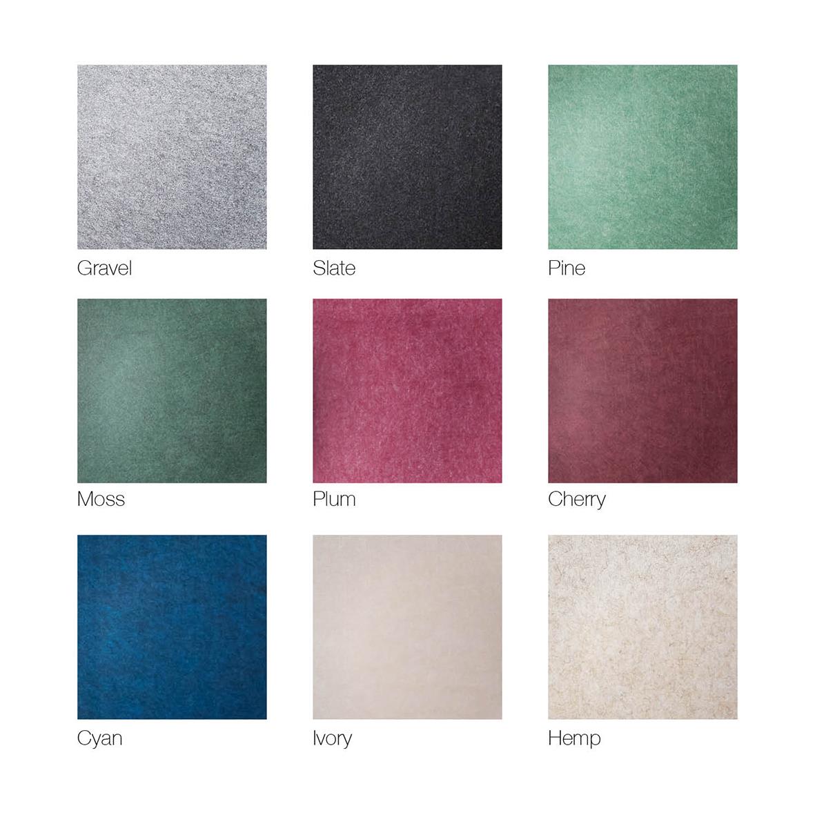 Ljudabsorberande väggpanel i olika färger inklusive Gravel, Slate, Pine, Moss, Plum, Cherry, Cyan, Ivory och Hemp