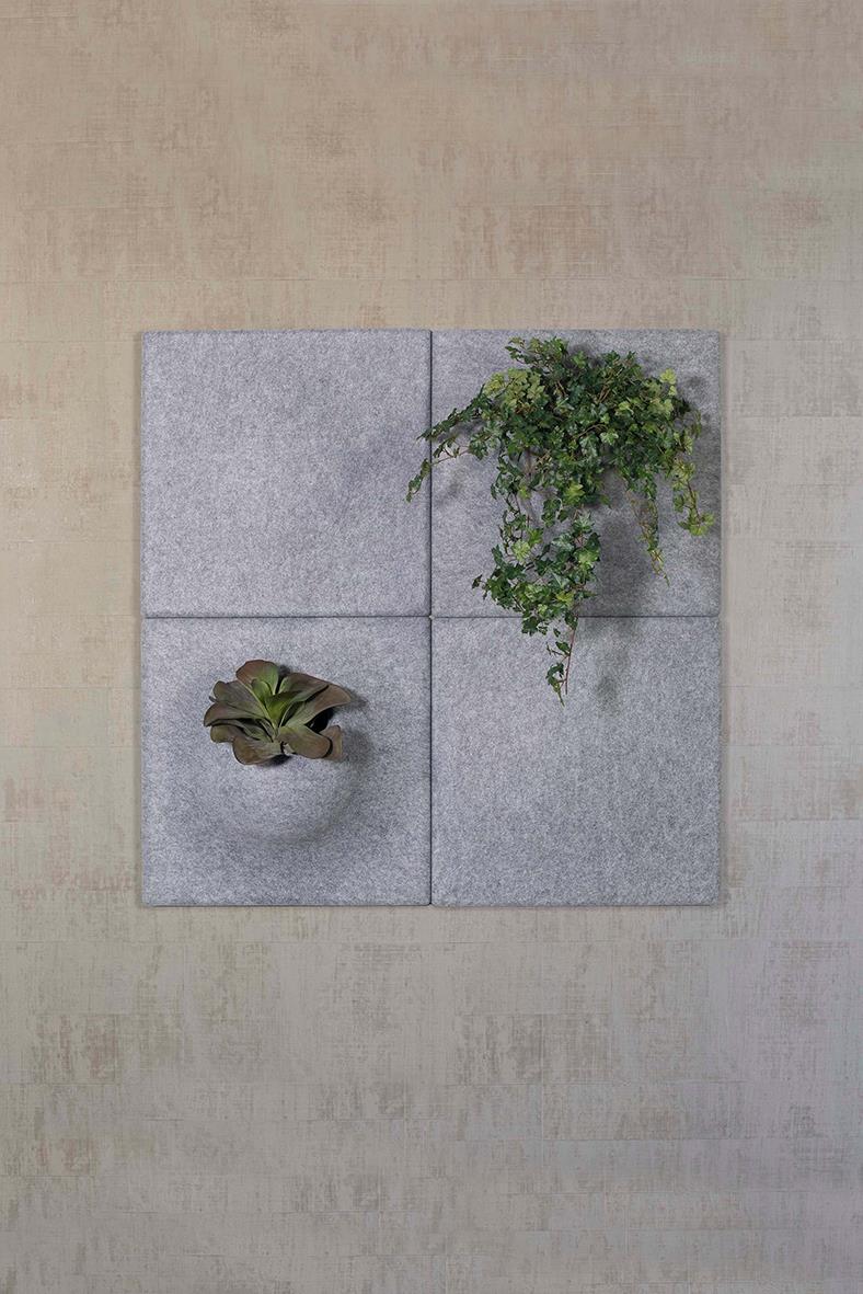 Väggpanel med ljudabsorberande växtdekoration i grått och grönt