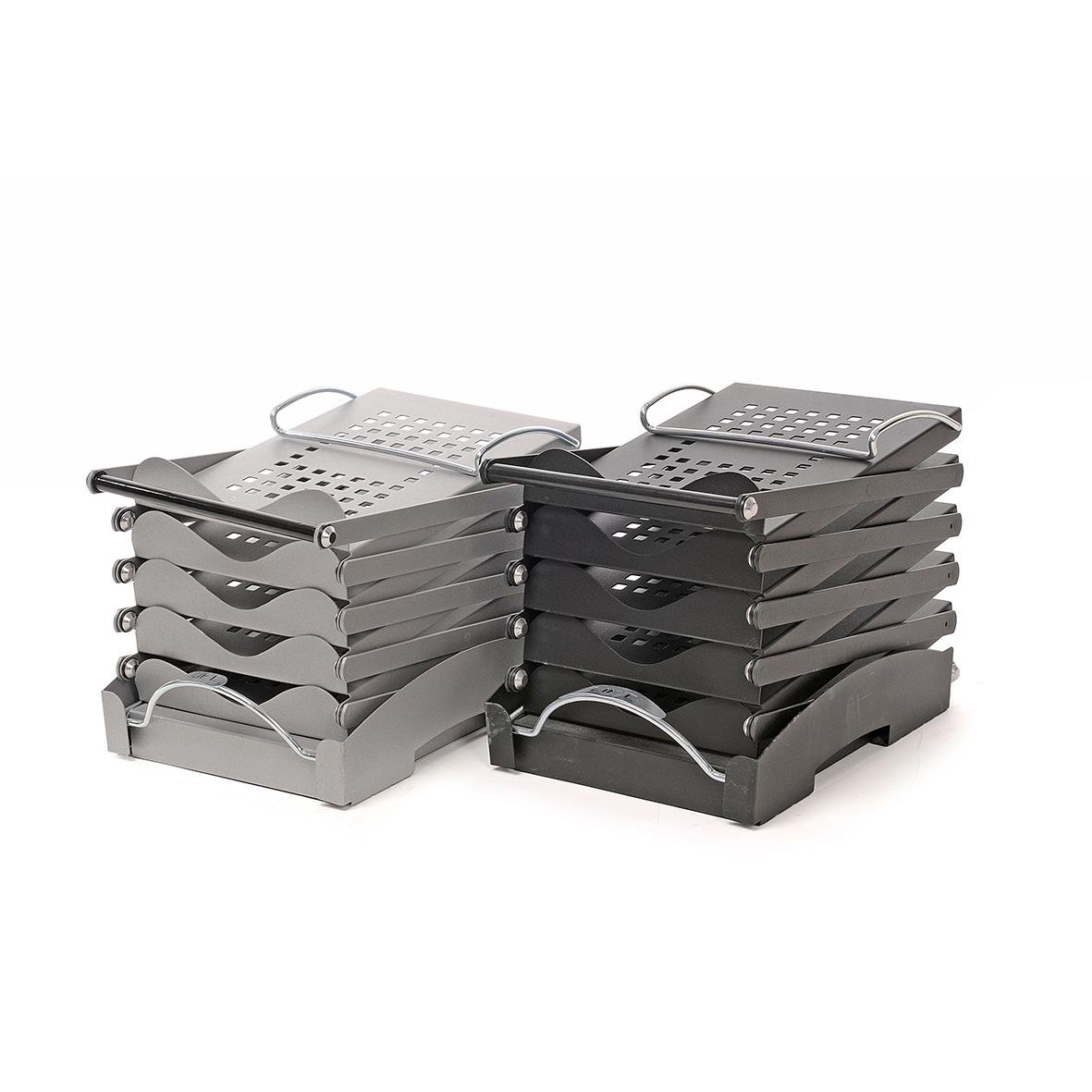 Svart broschyrställ SwingUp med väska, staplade i två högar