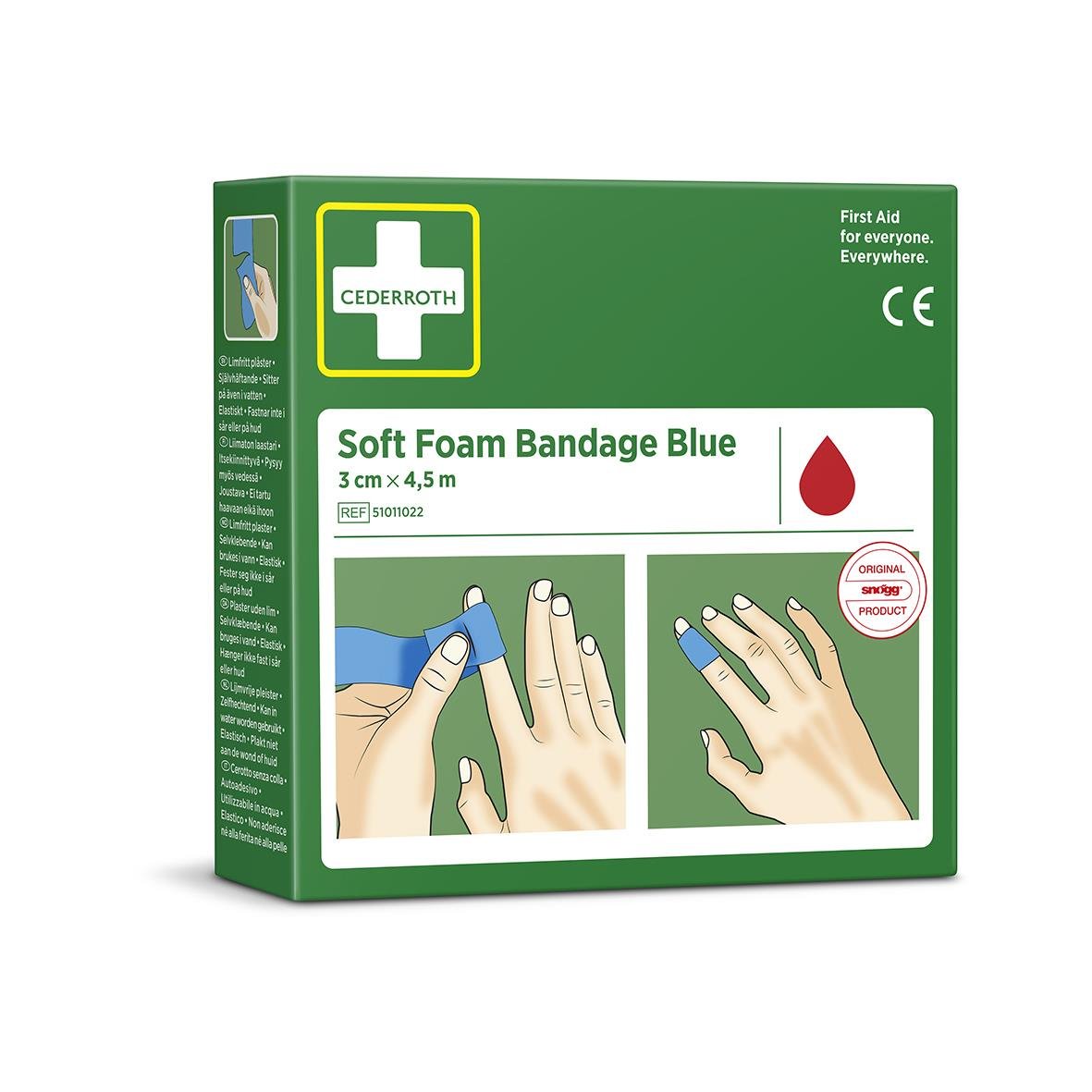 Blå mjuk bandage från Cederroth, 3cm x 4,5m, för första hjälpen och sårvård