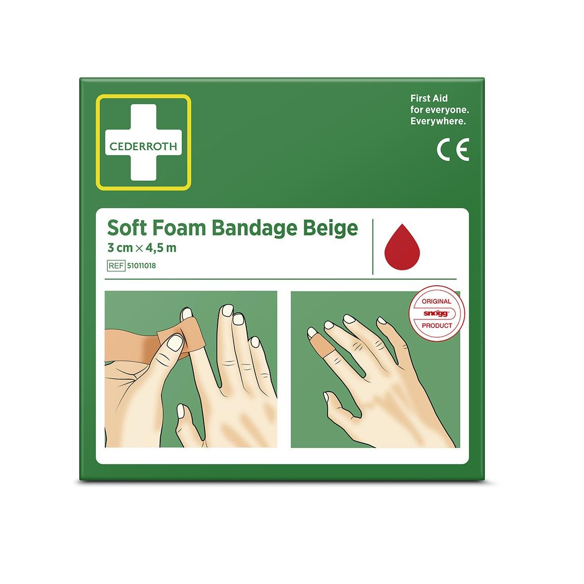Förband av mjuk skum i beige, 3cm x 4,5m, för första hjälpen och sårvård