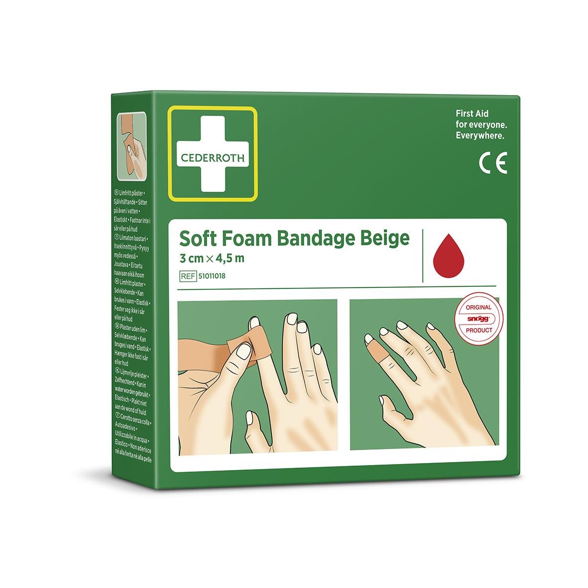 Beige mjuk foamförband från Cederroth, 3cm x 4,5m, för första hjälpen och sårvård