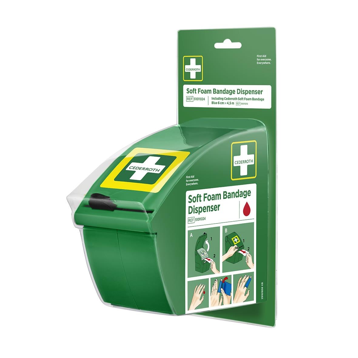 Grön Cederroth Soft Foam Bandage Dispenser med instruktioner för användning
