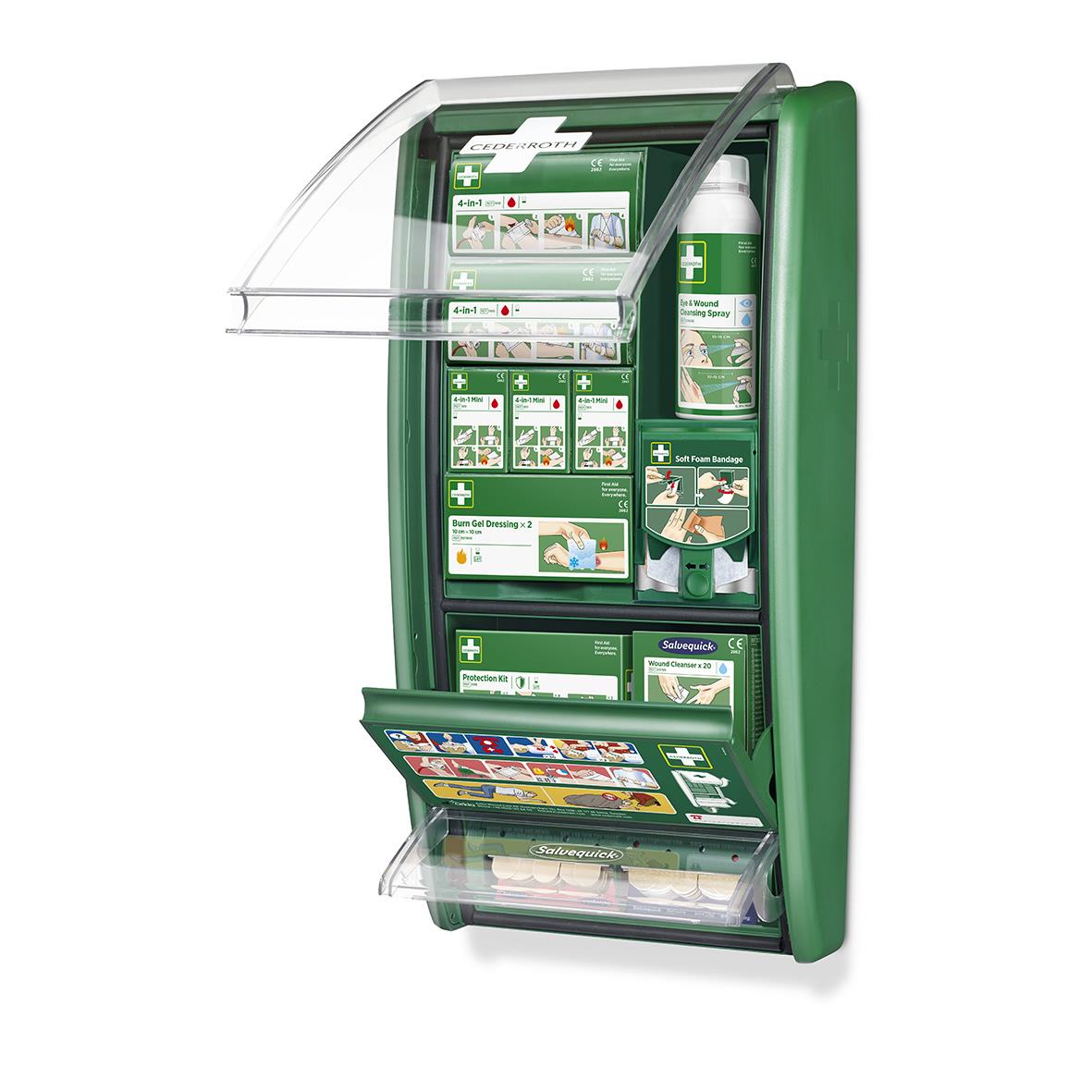 Väggmonterad första hjälpen-automat med instruktioner och förbandsmaterial