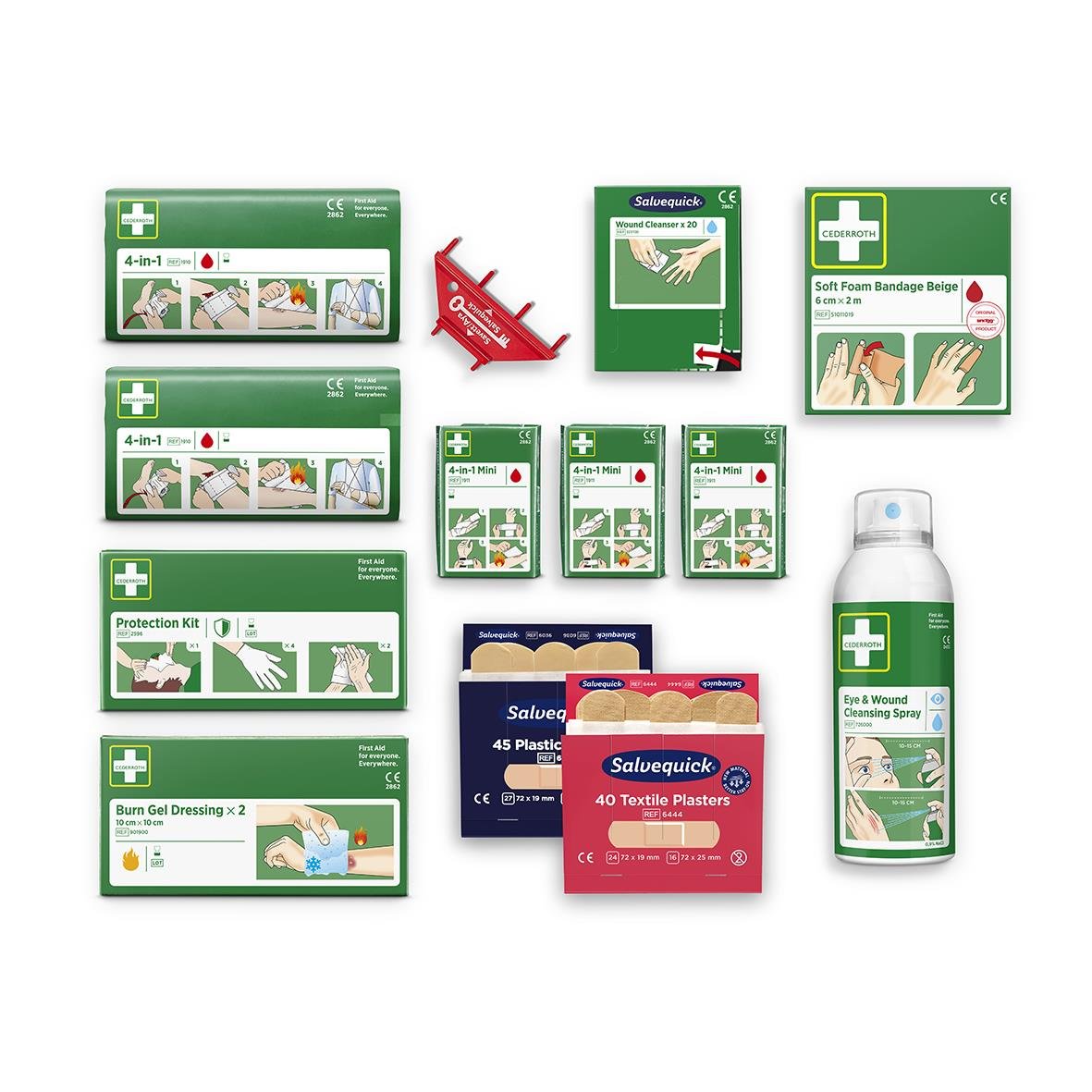 Refill Cederroth första hjälpen station med olika förbandsprodukter och rengöringsspray