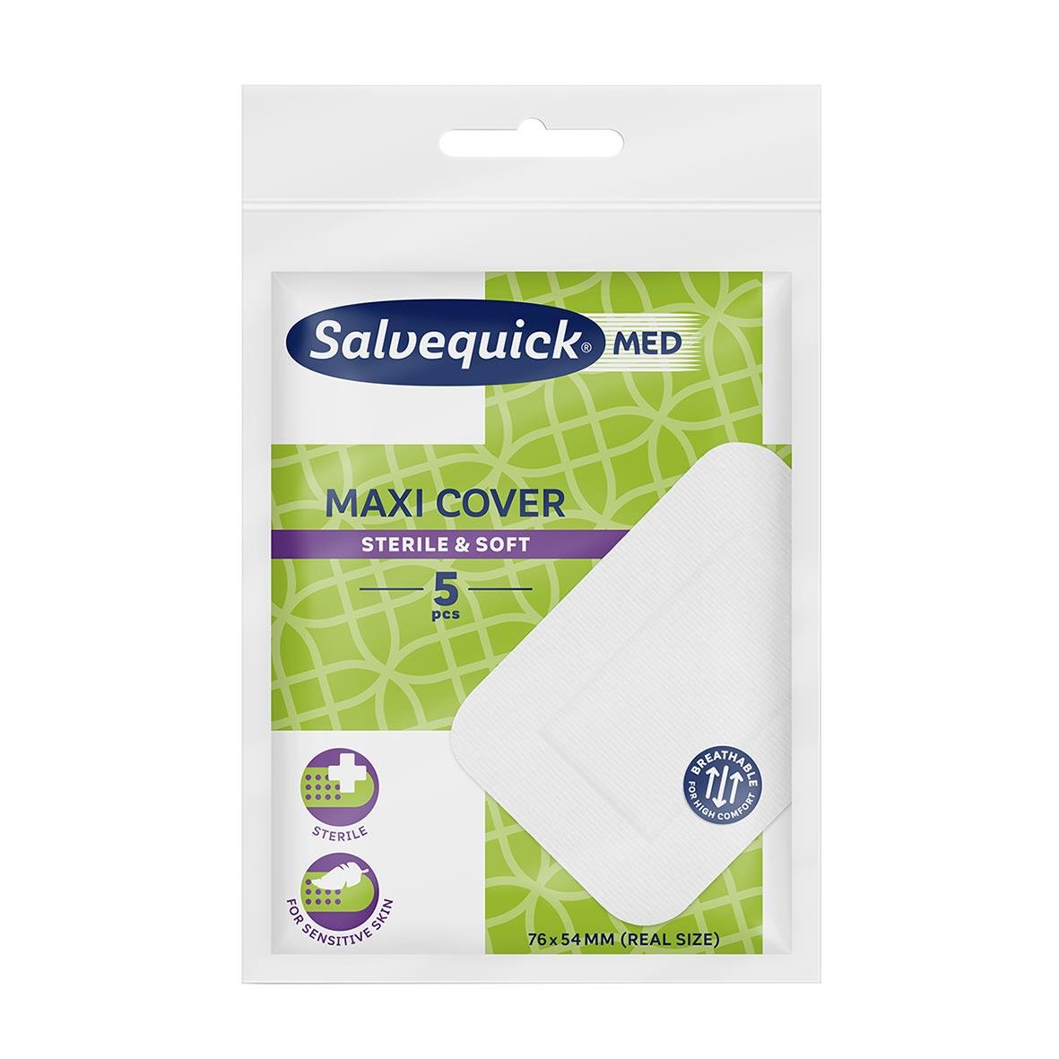 Salvequick Maxi Cover plåster 76x54mm för sår, sterilt och mjukt, 5 stycken
