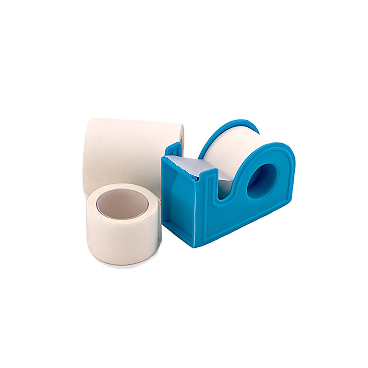 Vit kirurgtejp med dispenser, 2,5cm x 10m, i blått dispenserhus