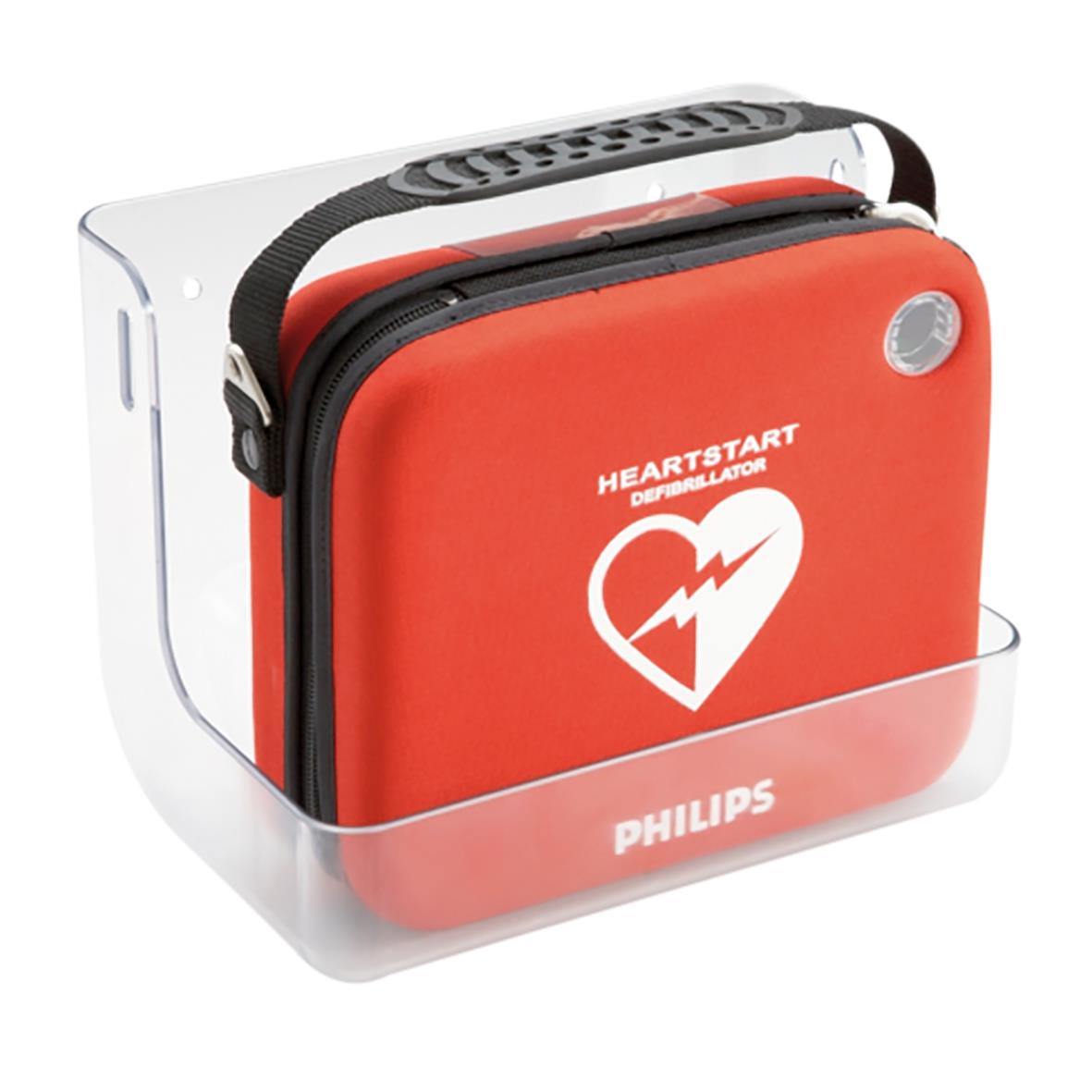 Väggfäste för Philips HS1/FRx hjärtstartare med transparent väggfäste och hjärtstartar i rött med hjärtsymbol