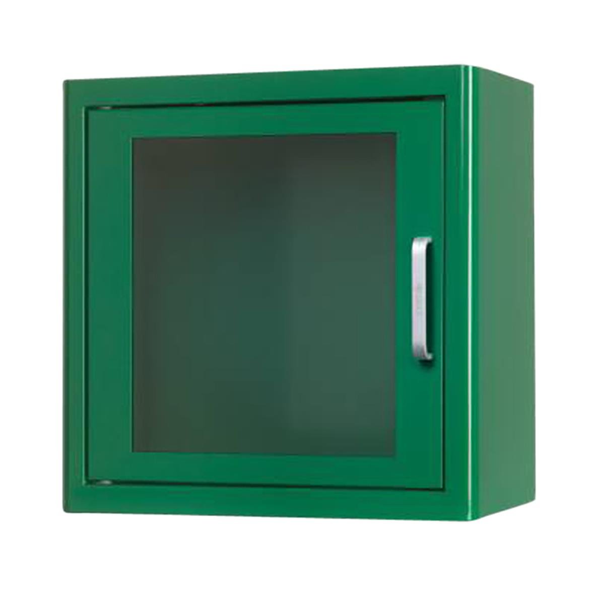 Grönt skåp med hjärtstartare och larm