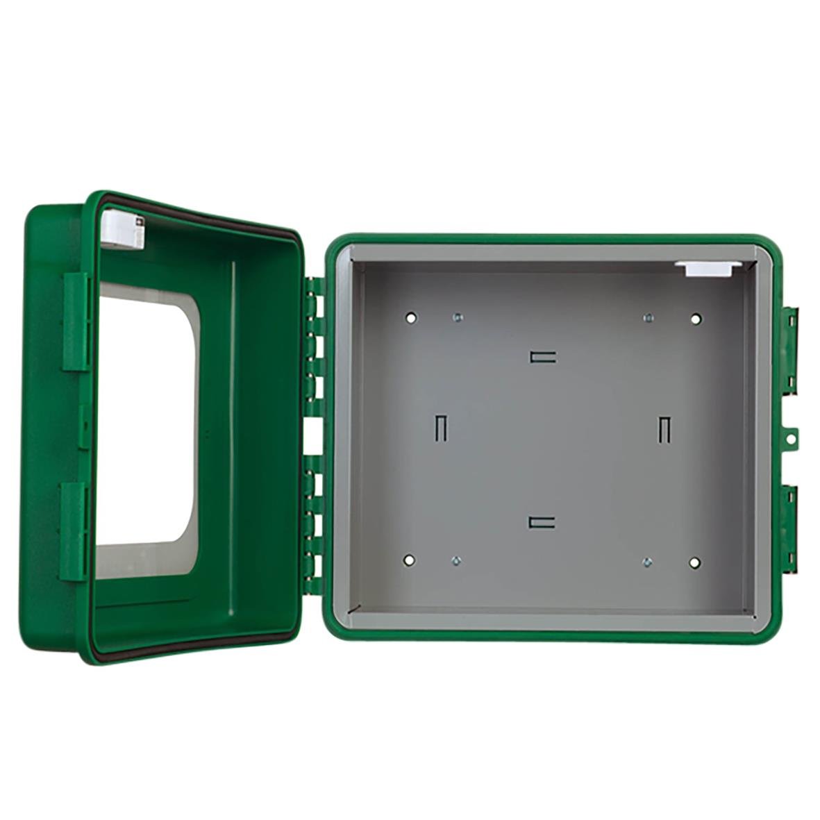 Värmeskåp Arky Polar med värme och larm, grönt plastskåp med öppnad dörr