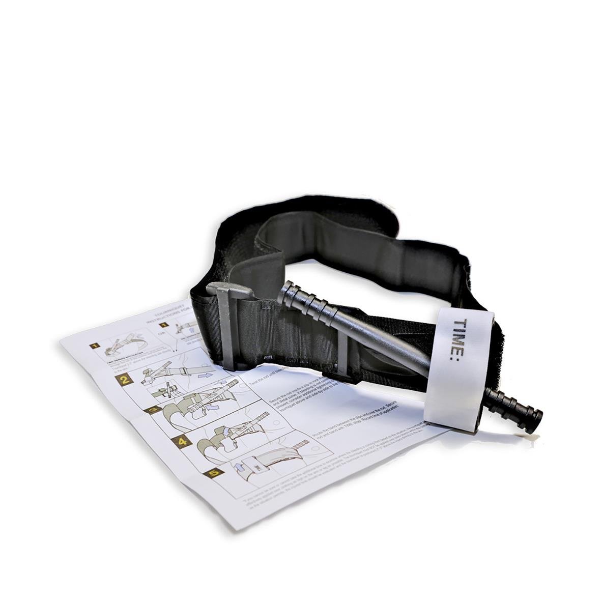 Svart blodstoppare tourniquet med instruktioner och verktyg