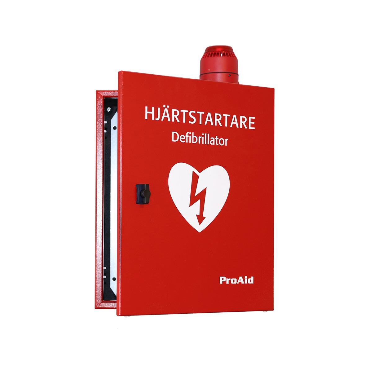 Röd skåp för hjärtstartare med SMS-larm och defibrillatormärke