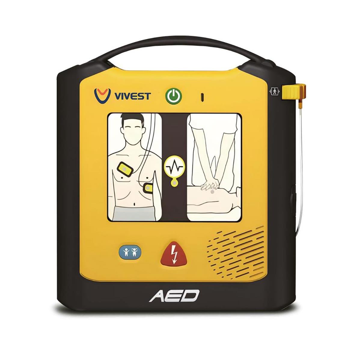 Hjärtstartare ViVest Serie 1 i gul och svart design med skärm och knappar för hjärt-lungräddning