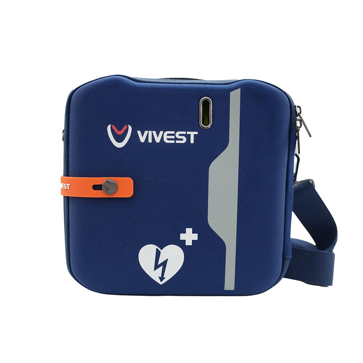 Skyddsväska för hjärtstartare i blått med VIVEST-logga och hjärt- och blixtsymbol