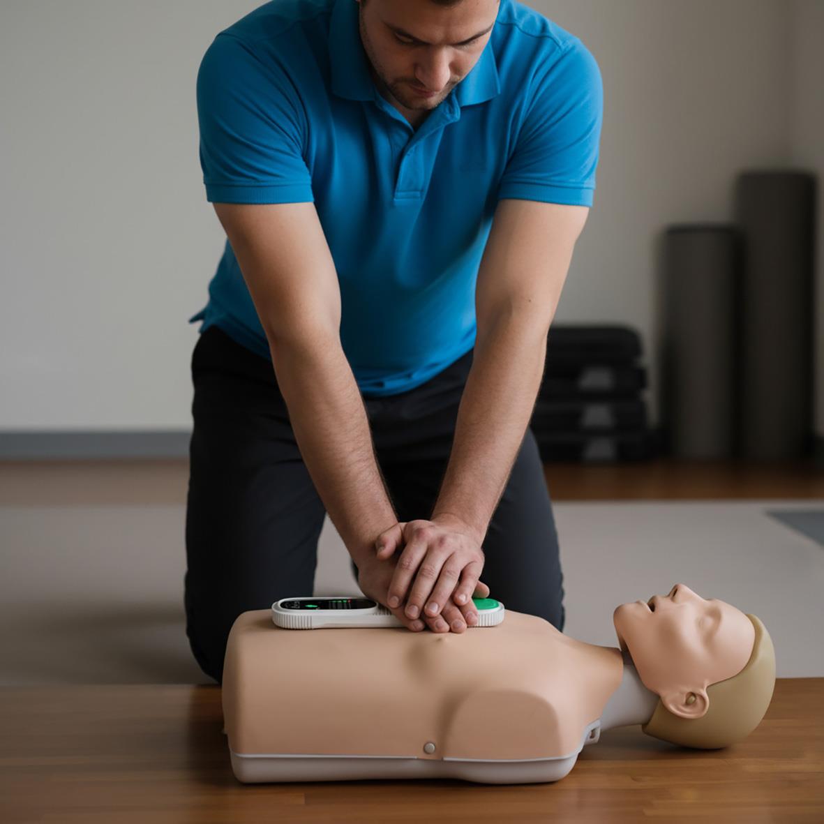 Person använder en digital hjärtstartare på en träningsdocka för hjärt-lungräddning