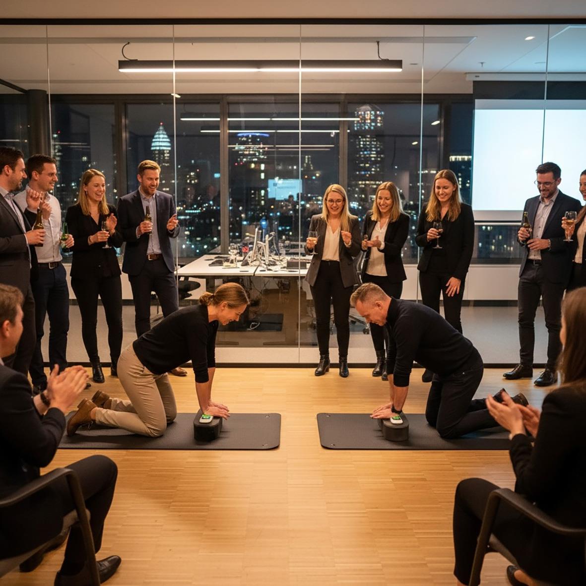 Företagsutbildning med personer som demonstrerar hjärtstartare och digital HLR-assistent i ett kontorsrum