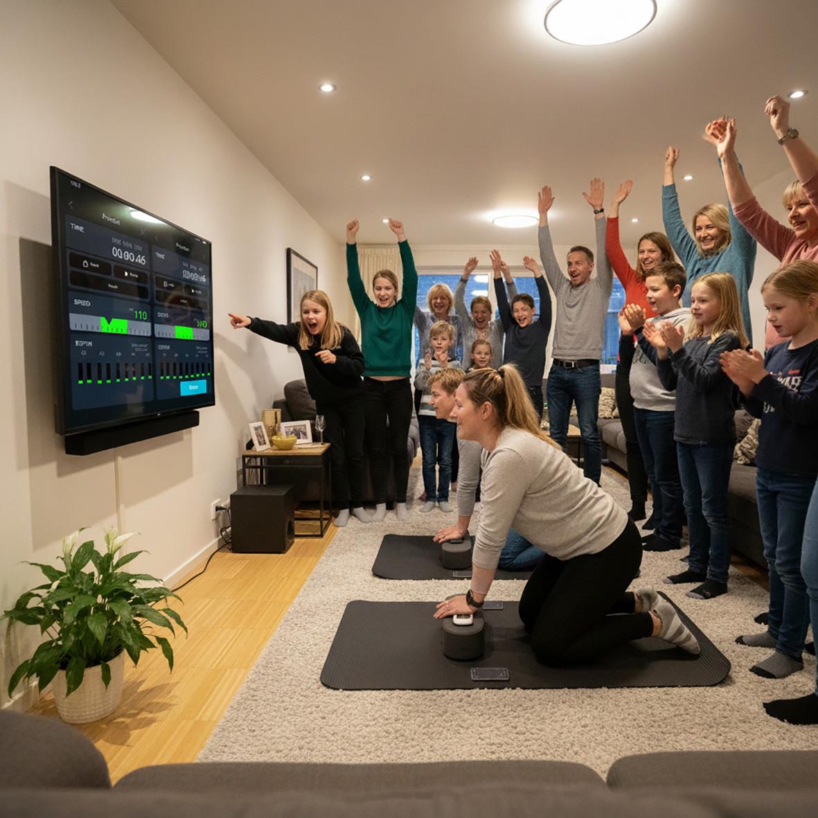 Grupp barn och vuxna tränar hjärtstartare och digital HLR i ett rum med en stor skärm