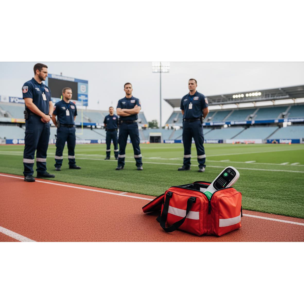 Grupp av personer på fotbollsplan med hjärtstartare och digital HLR-assistent i förgrunden