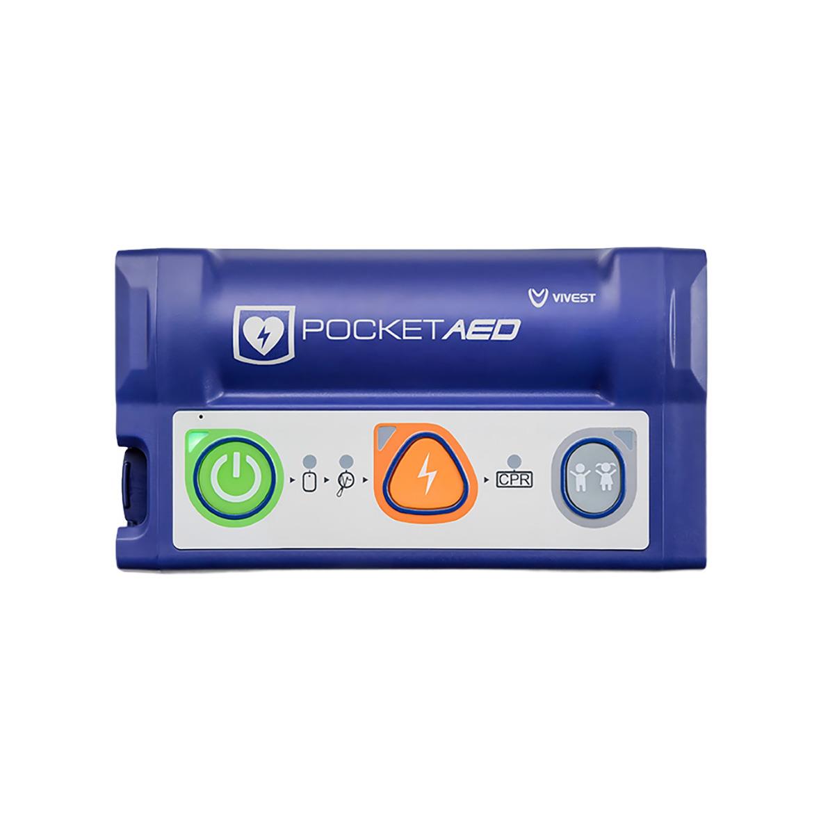 Hjärtstartare ViVest Pocket 3 i blått med knappar för på/av, hjärtstopp, CPR och batteri