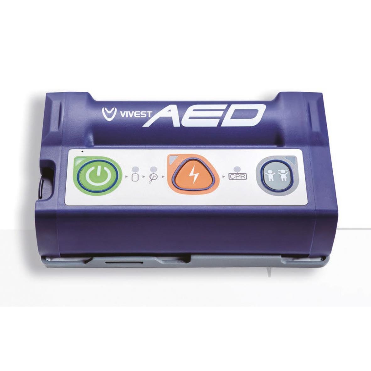 Hjärtstartare ViVest Pocket 3 i lila med grönt startknapp, orange defibrillatorsymbol och blåa ikoner