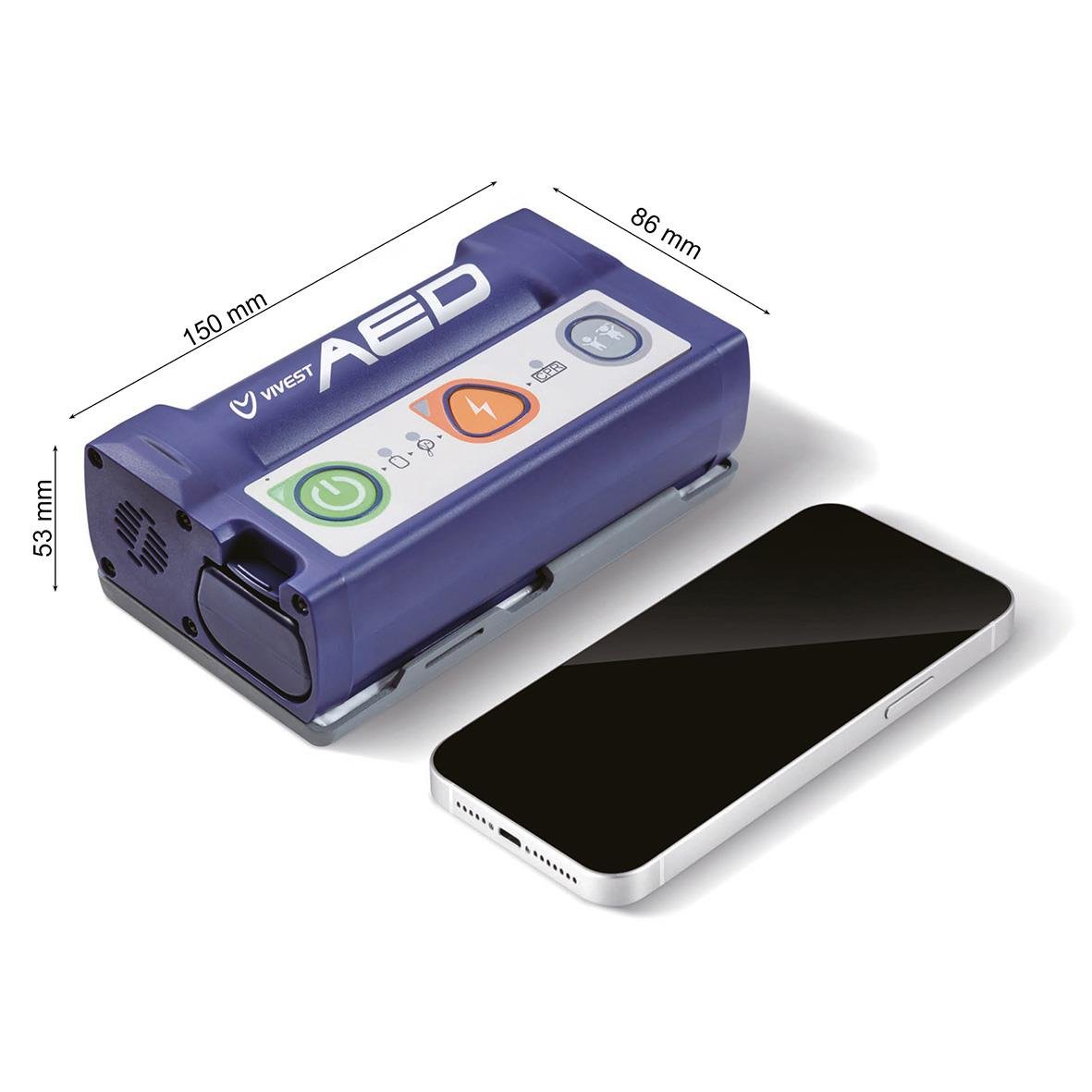 Hjärtstartare ViVest Pocket 3 med mått på 150x86x53 mm och en smartphone bredvid för storleksjämförelse