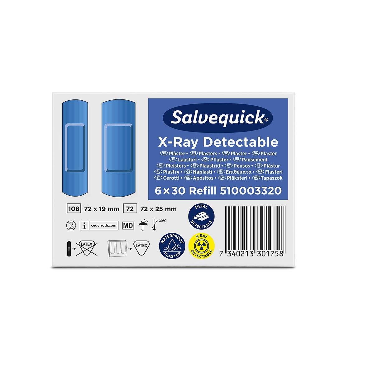 Förpackning med 30 plåster Salvequick X-Ray Detectable blåa